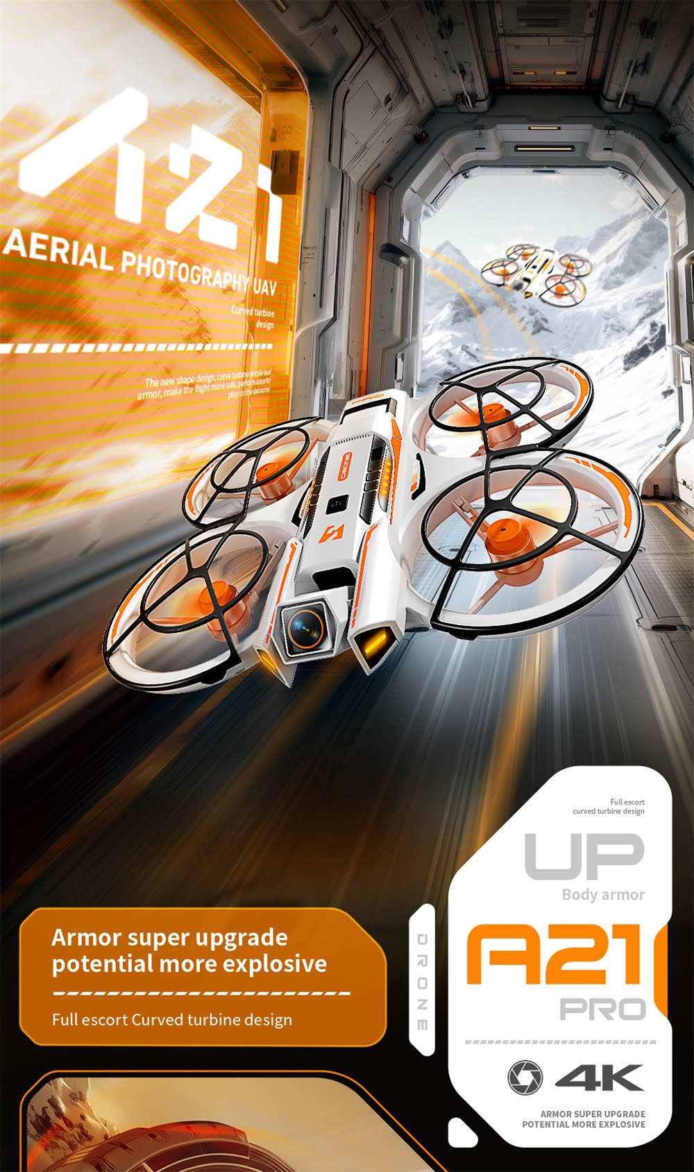A21 PRO Mechanical Armor Style WiFi FPV with Dual Camera 180° Electrically Adjustable Optical Flow Hover Brushless Circle Fully Enclosed Protection Kids Gifts 2.4G 4CH 6-Axis Remote Control RC Toys Drone Quadcopter RTF
