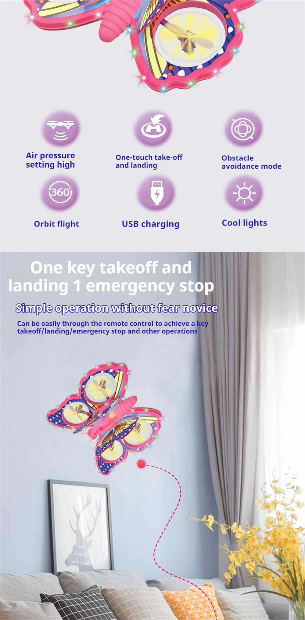 E0-25 Flying Glitter Butterflying Intelligent Gravity Sensor Obstacle Altitude Hold Mode 360° Filp Colorful LED Lighting 2.4G 4CH RC Toys Kids Gift Drone Quadcopter RTF