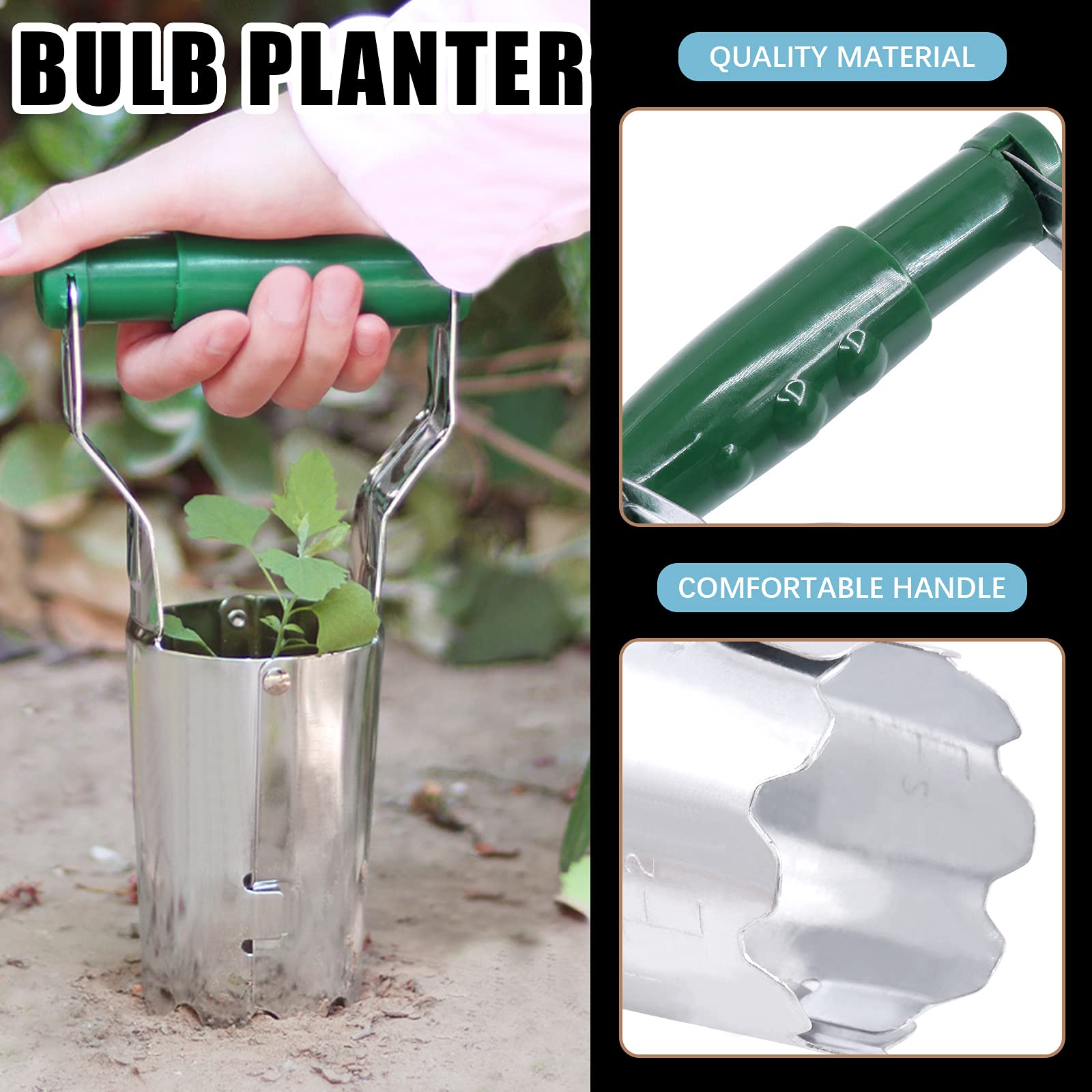 Bulb Planter with Depth Mark- Steel Garden Bulb Planting Tool Handled Bulb Planter for Digging and Refilling Hole Consistent Planting Flowers