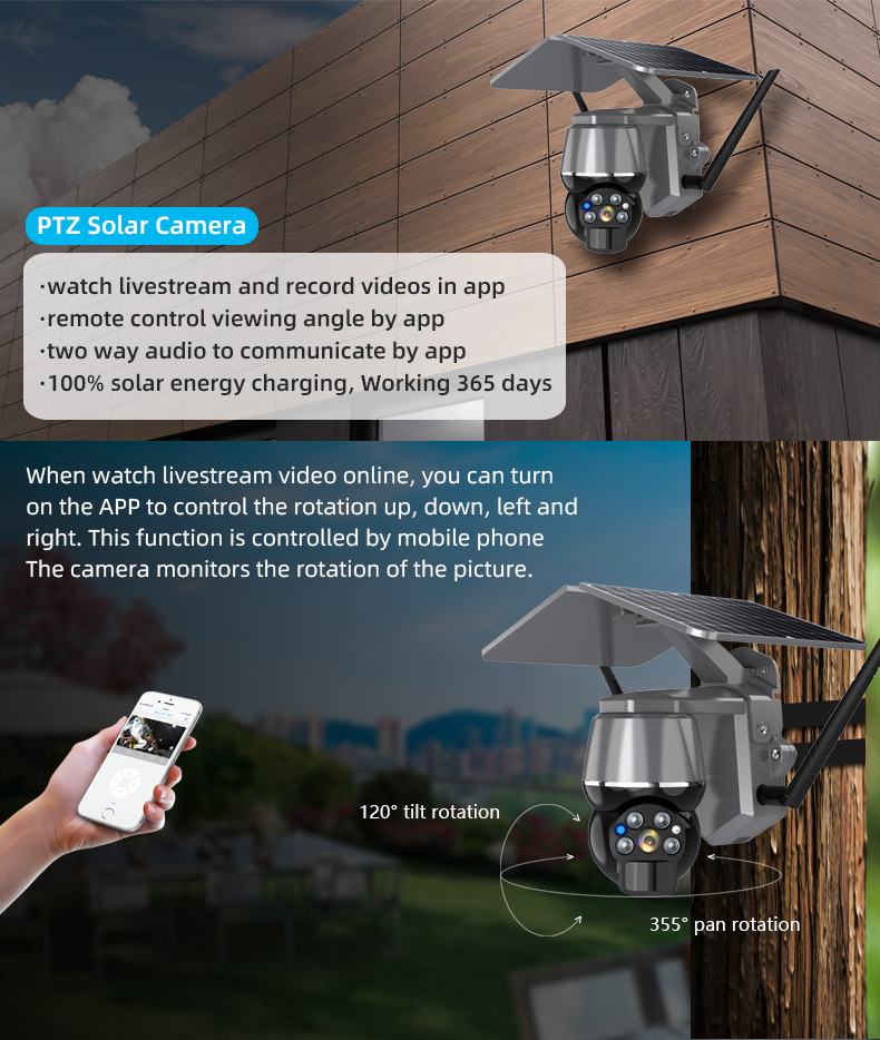 2.4G WiFi Solar Powered Camera Wireless PTZ Remote Phone Monitoring Night Vision Motion Detection Alarm Push Home Security Camera