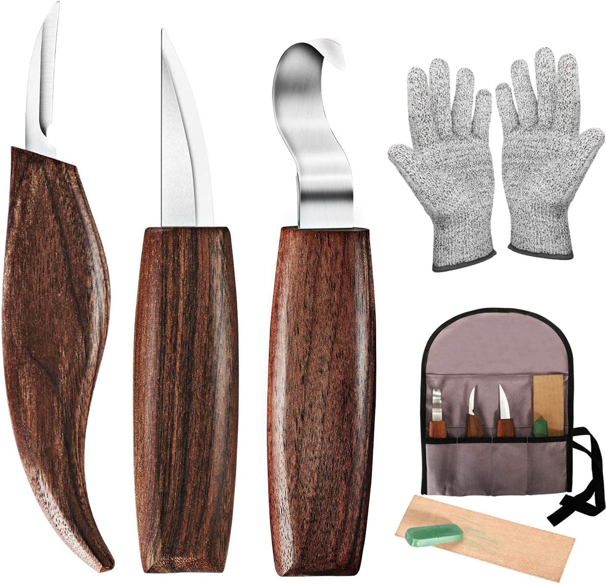 7 in 1 Wood Carving Tools Kit with Carving Hook Knife Wood Whittling Knife Chip Carving Knife Gloves Carving Knife Sharpener for Beginners Woodworking kit
