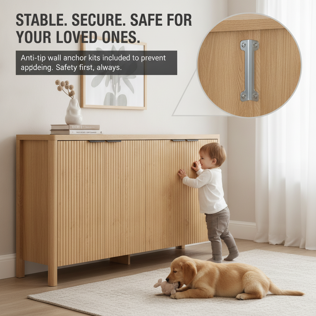 Moderne gefluteerde zijdebuffet met houten opbergruimte en verstelbare planken, zacht sluitend, eethoekbuffet, ant tipping, koffiebar, console voor woonkamer en hal, Hommpa