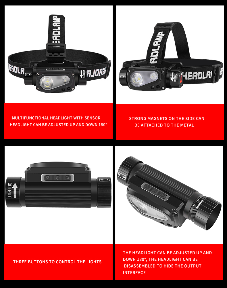 200B-2 XHP50 LED Headlamp Motion Sensor Headlight Flashlight 18650/21700 USB Rechargeable Head Lamp Torch 10 Lighting Mode Work Light