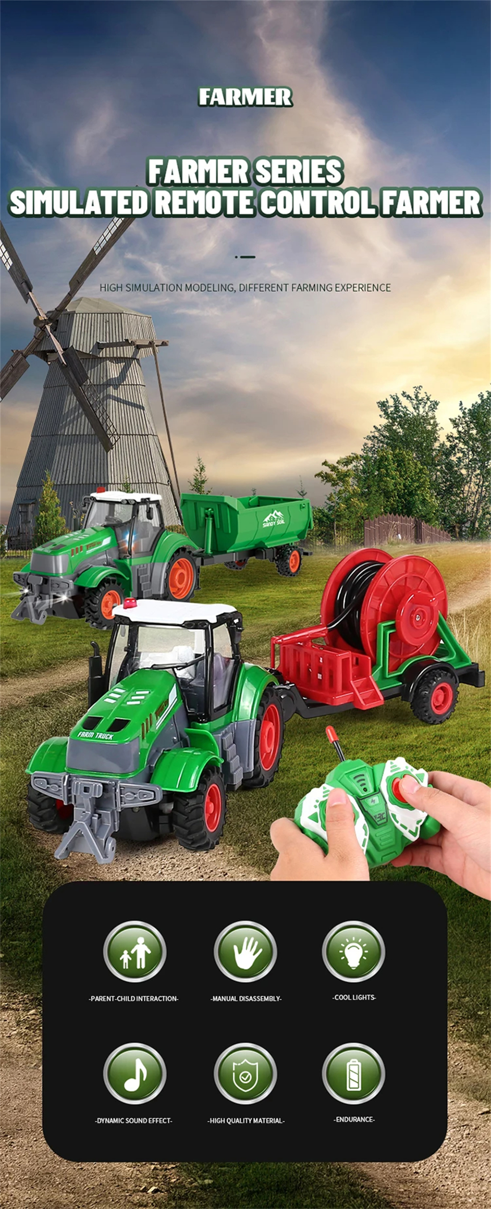 Landi QH205 1/24 27MHZ 4CH RC Car Farmer Series Wood Simulated Transport Model Light Sound Remote Control Toys Boys Dump Truck Engineering Vehicle Set Kids Gifts