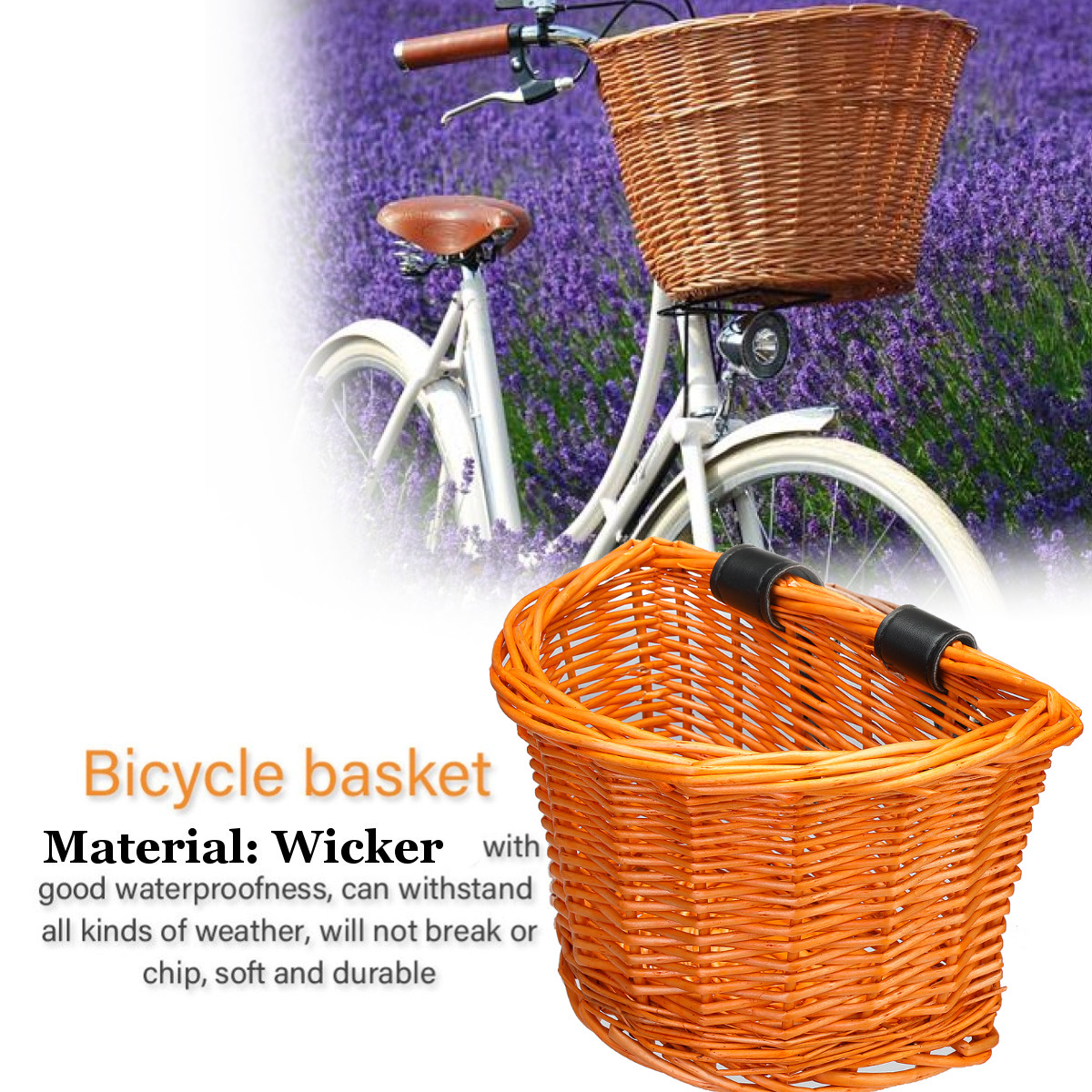 Rattan Wicker Bicycle Basket Vintage D-Shaped Hand Woven Art Wicker Bicycle Front Frame with Leather Straps Retro Rattan Cycling Front Bags 