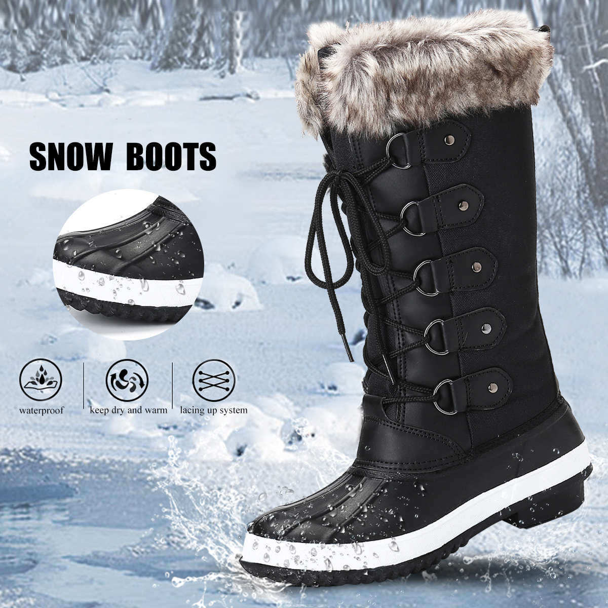 gracosy Women Winter Lace Up Snow Boots High Boots