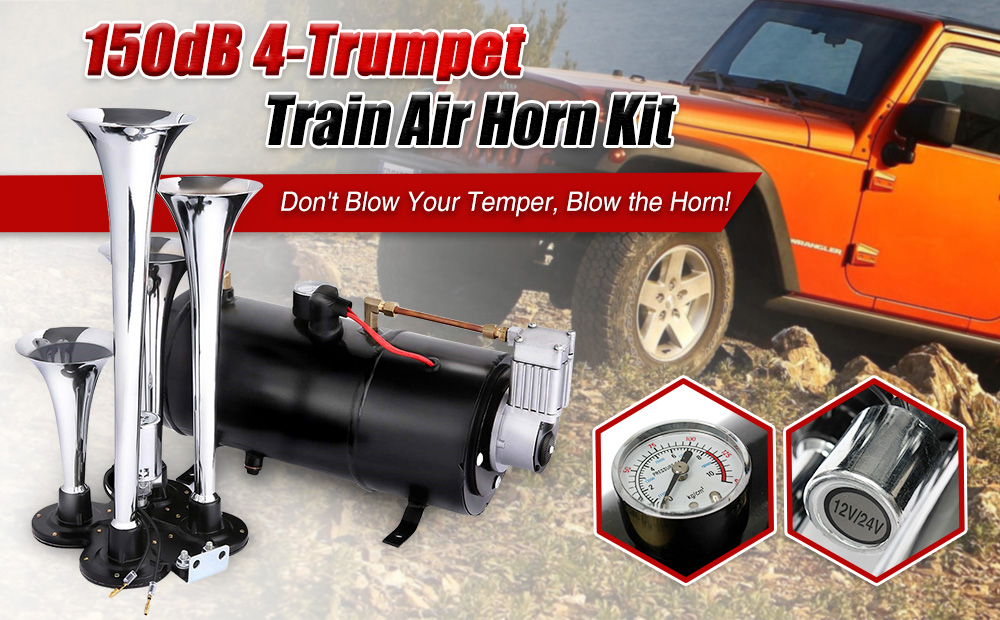 Audew 4Trumpet 150 dB Train Air Horn Kit with 150 PSI