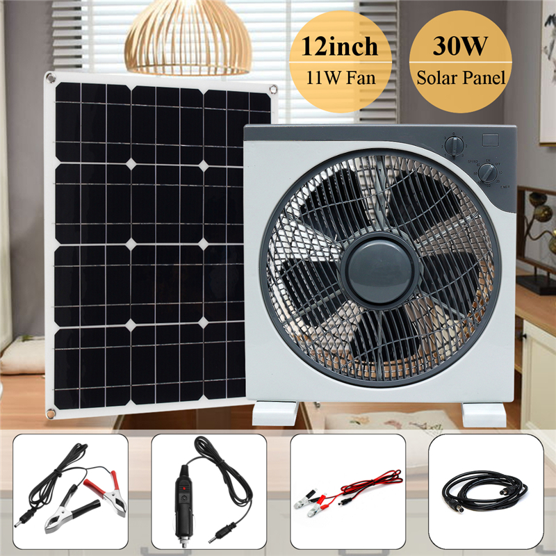 20W DC12V/5V Double USB Solar Panel+12inch 11W DC Fan+1.2m DC Line For Camping 