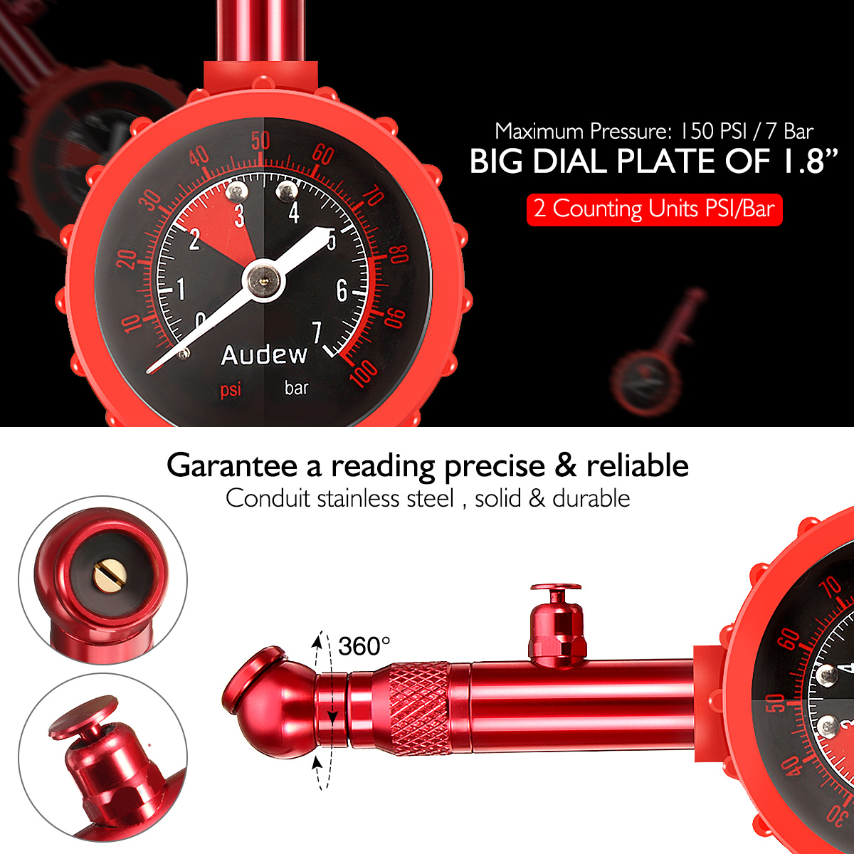 Audew Tyre Gauge Pressure Gauge Portable Inflator For Motor/Car 60 PSI