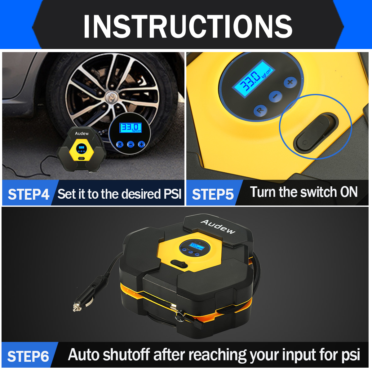 AUDEW 12V 150PSI Car Tyre Inflator Pump Air Compressor Cordless/Corded With LED 