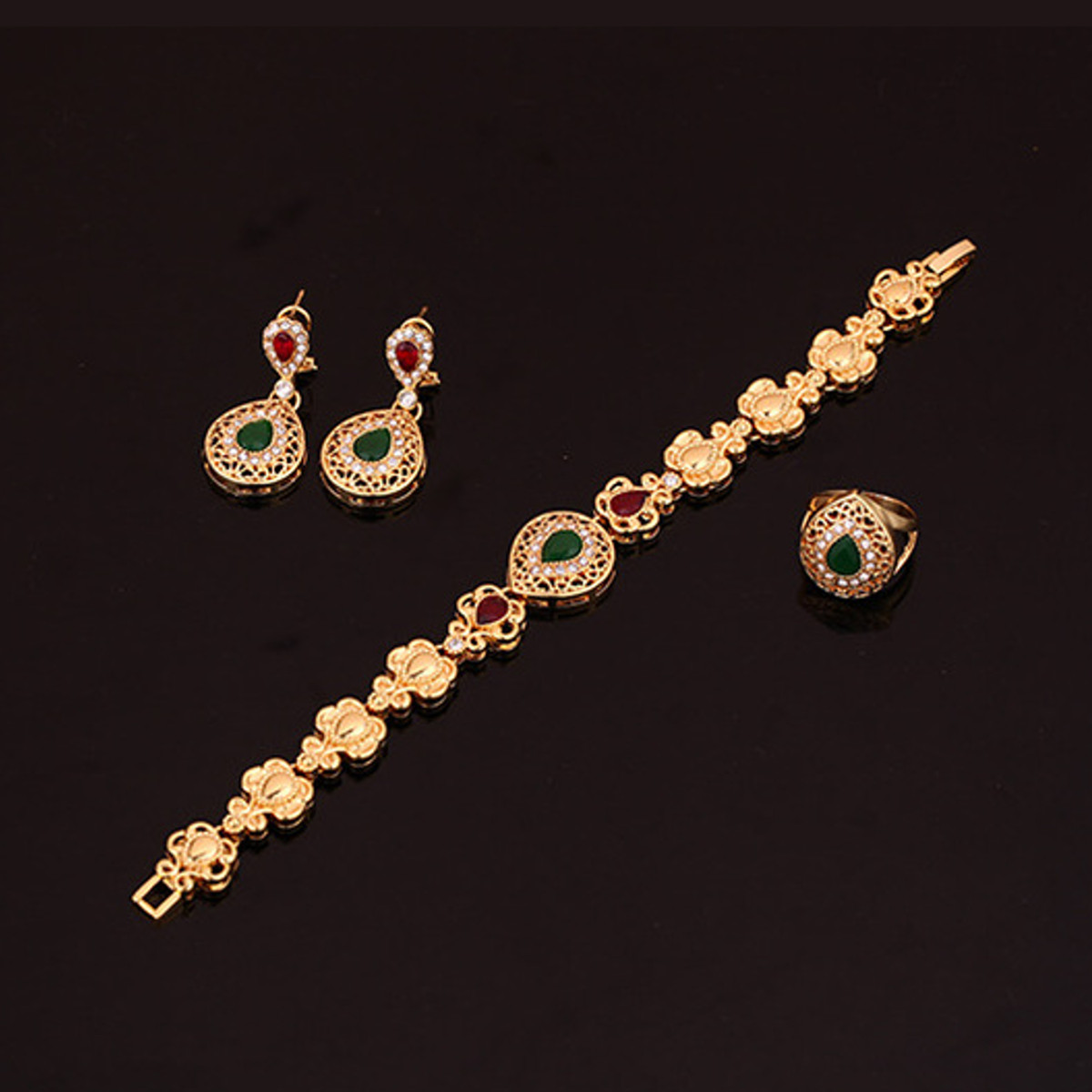 Fashion Collier + Boucles D'Oreilles + Bague + Bracelet Pour Femme Or