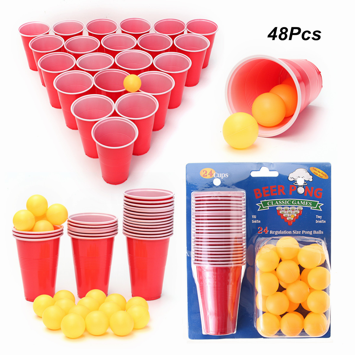 ZLPBAO 100 Tasses Réutilisables Pong + 12 Balles - Gobelets 500ml Rouge Bleu Pour Fêtes Et Beer Pong