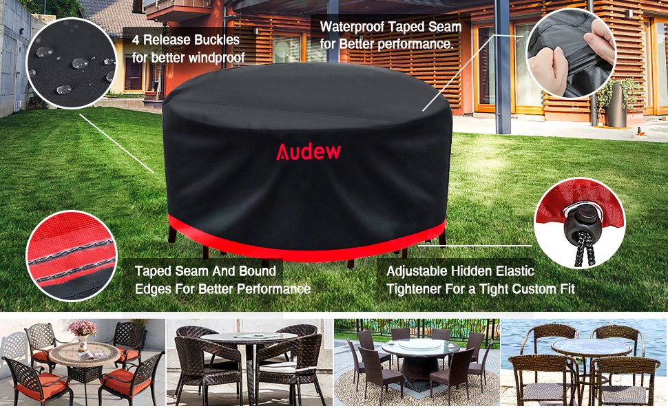 Audew Garden Furniture Cover, Round Garden Table Cover, Premium Oxford Light Duty Waterproof Windproof & Anti-UV Patio Circular Table Cover 62.5