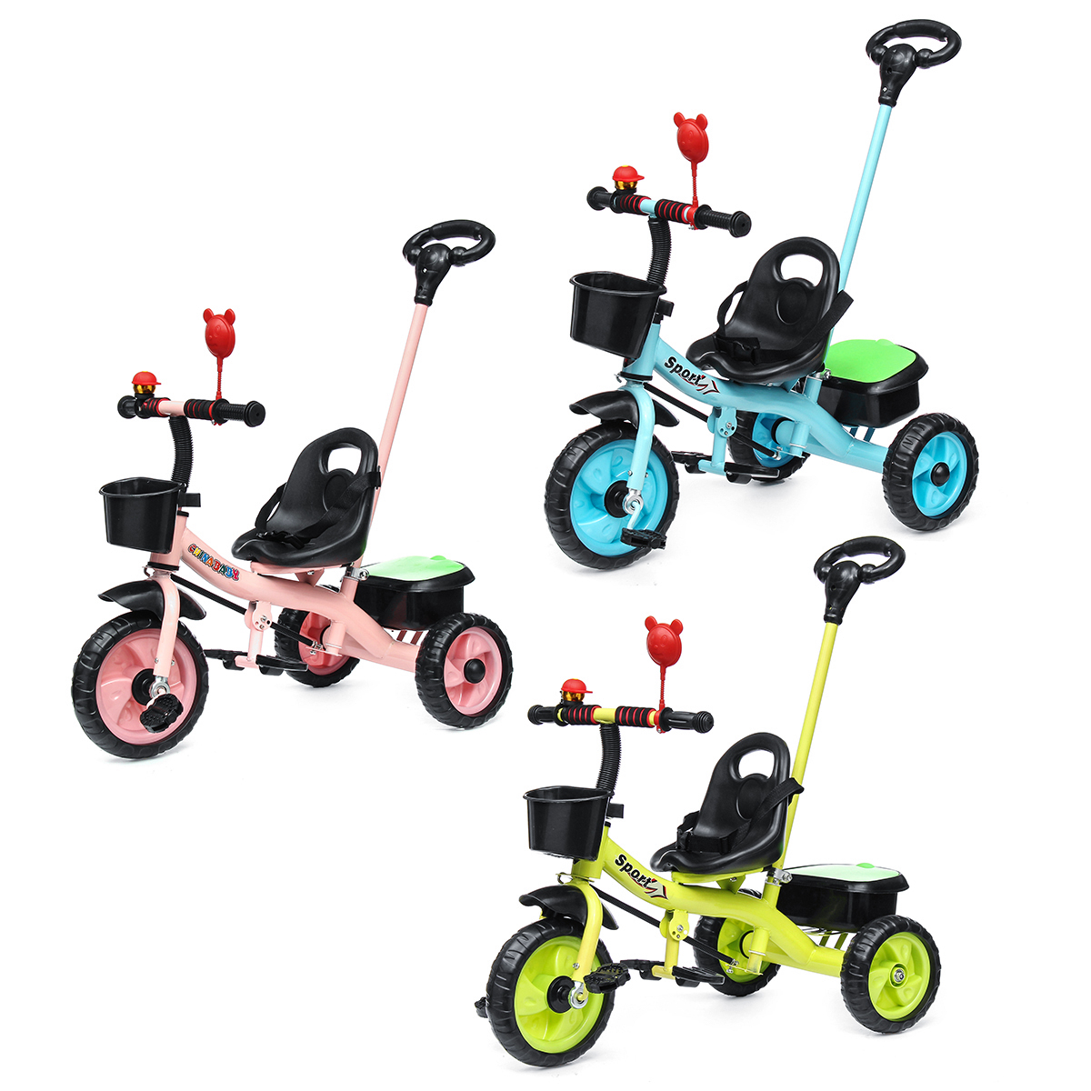 Tricycle 2 En 1 Avec Barre De Poussée Pour Enfant, Ceinture De Sécurité Pliable, Auvent Solaire, Porte-Boissons, Panier À Pédale, 1 À 5 Ans, Bleu 205 mm