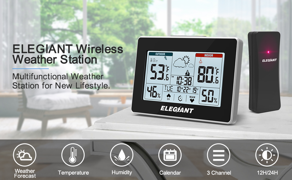 ELEGIANT Wireless Weather Station, Color Indoor Outdoor Thermometer with  Sensor, with Atomic Clock, Calendar, Weather Forecast, 4 Levels Adjustable  Backlight 