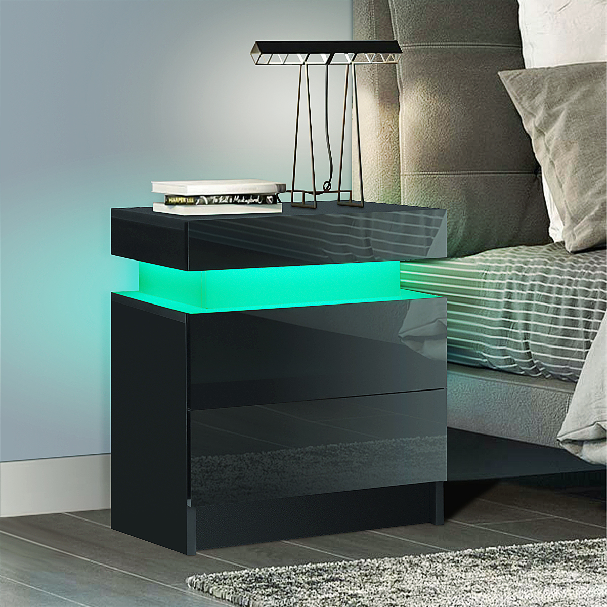 RGB LED Nightstand with 2 Glossy Drawer – woodyhome.life