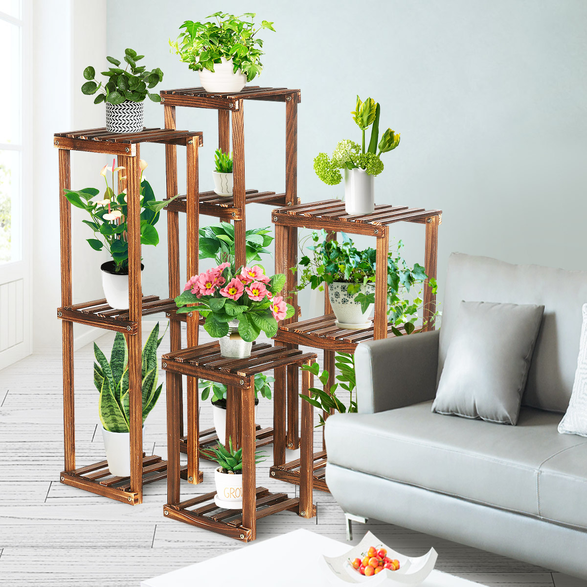 Tooca Wood Plant Stand Indoor, 4-piece-set Flexible Combination Plant 