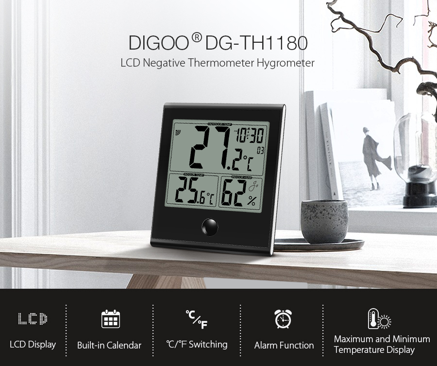 Home Refrigerator Digital Hygrometer Temperature Humidity Monitor 2x 1.7 Size DIGOO TH1130 Indoor Thermometer Black 