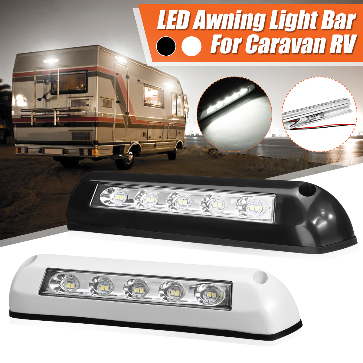 12V 24V Lampe Barre Auvent Porche Éclairage Mur Extérieur Pour RV Caravane Campingcar Noir