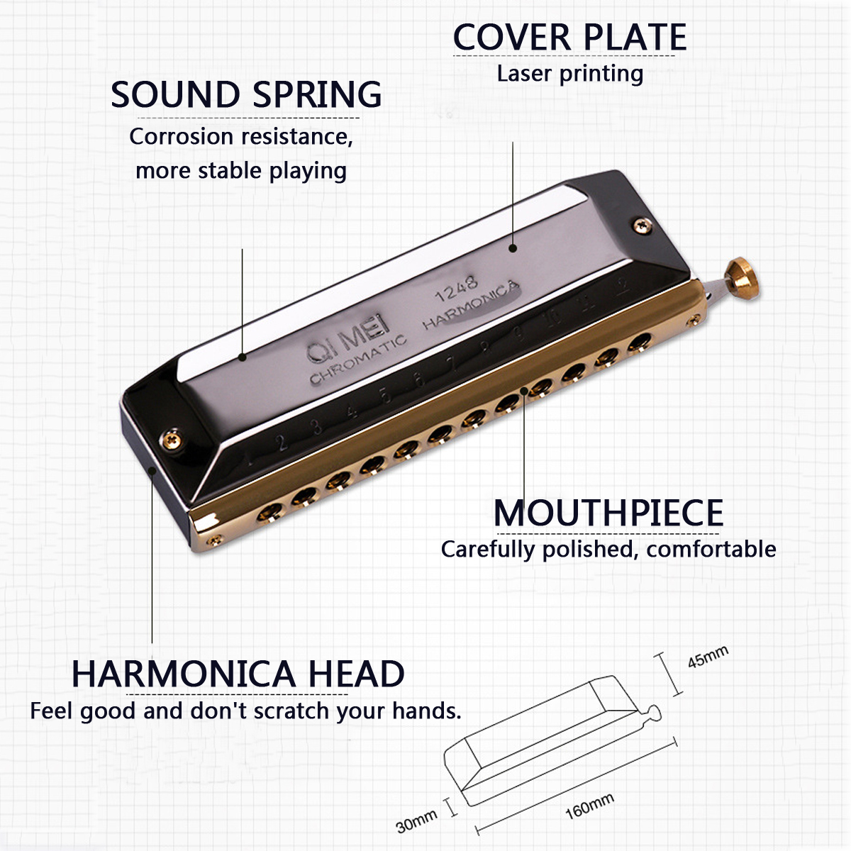 SUPER Set Harmonica Chromatique 12 Trous 48 Tons Embout rond Noir Or