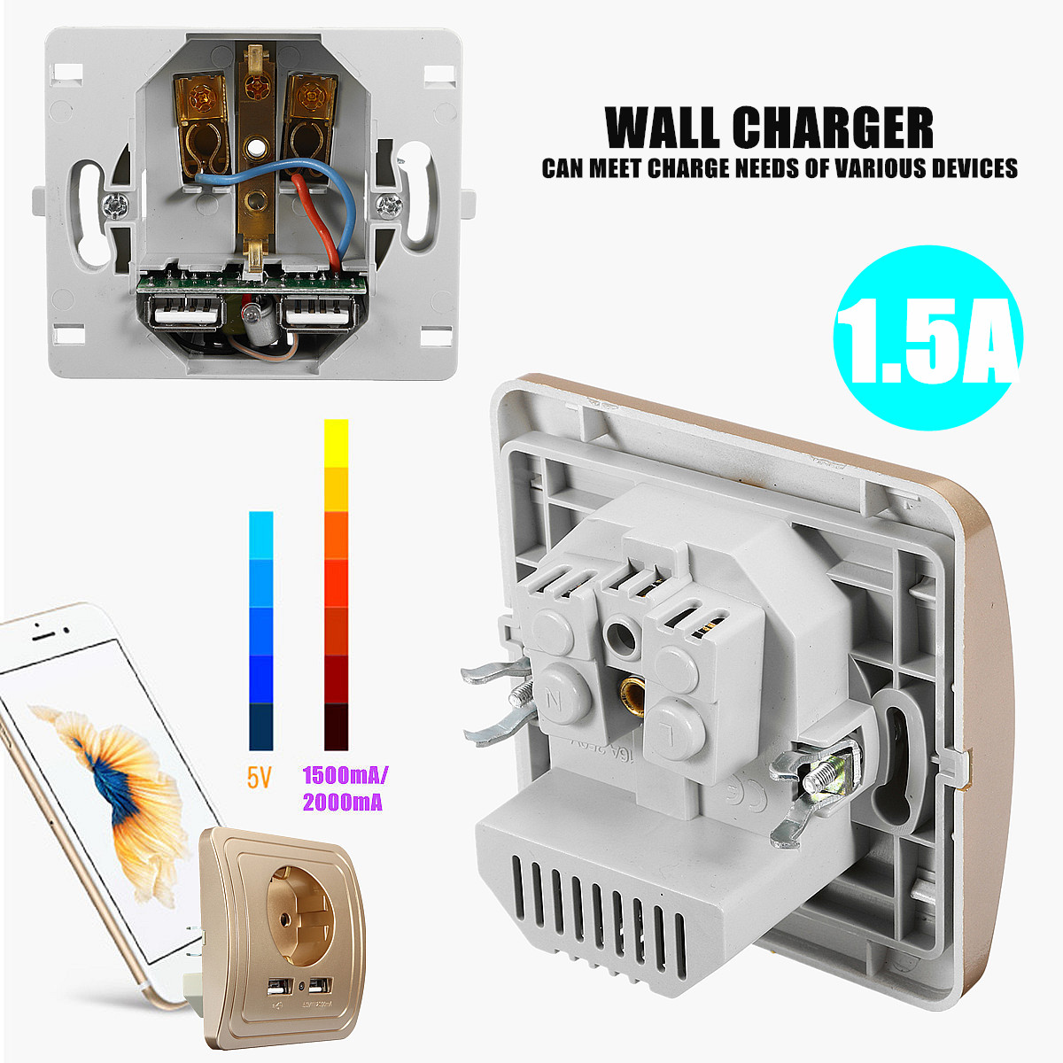 Prise Mural 2 USB Port Plaque Electrique 220V 16A à Adaptateur Chargeur