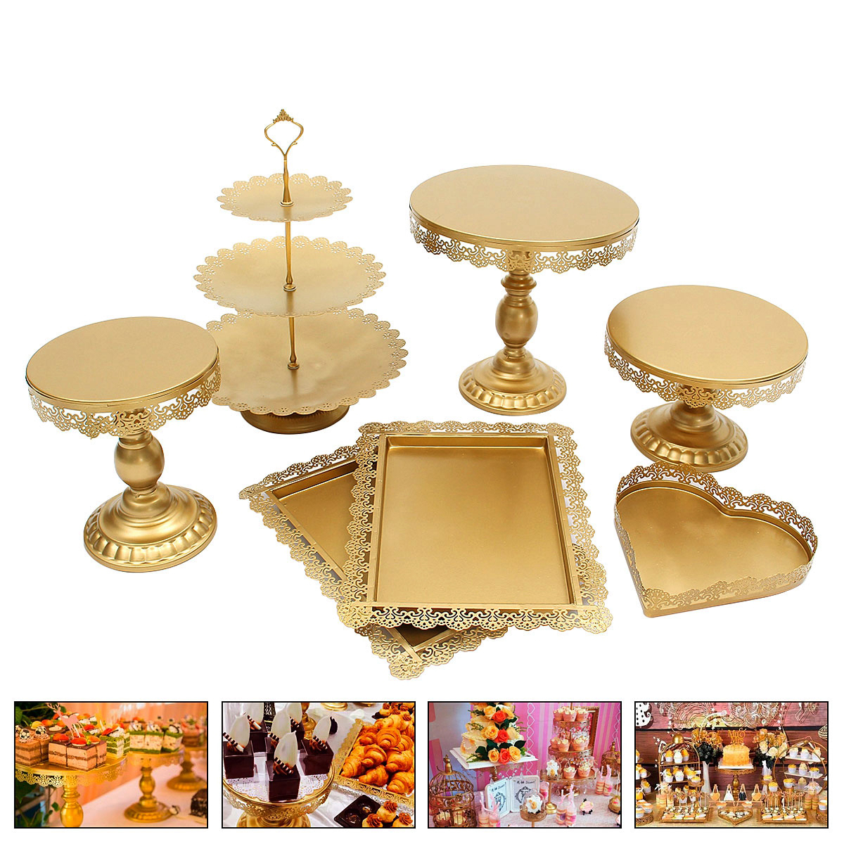 WolinTek Set De 5 Poignées Support Assiettes Gâteaux 3 Étages - Présentoir Doré Réutilisable