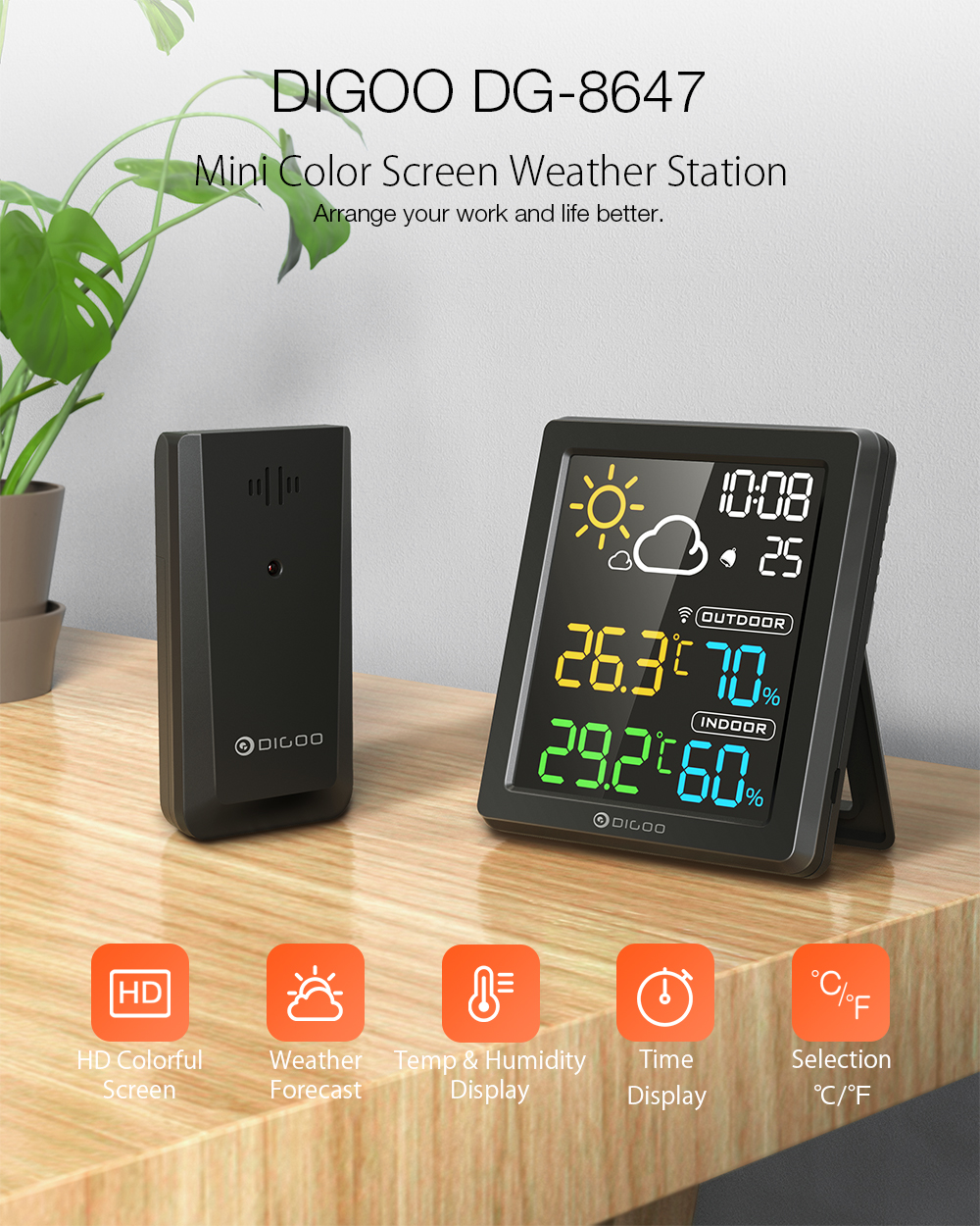 Digoo Mini Weather Station Hygrometer Thermometer Forecast Sensor Alarm 