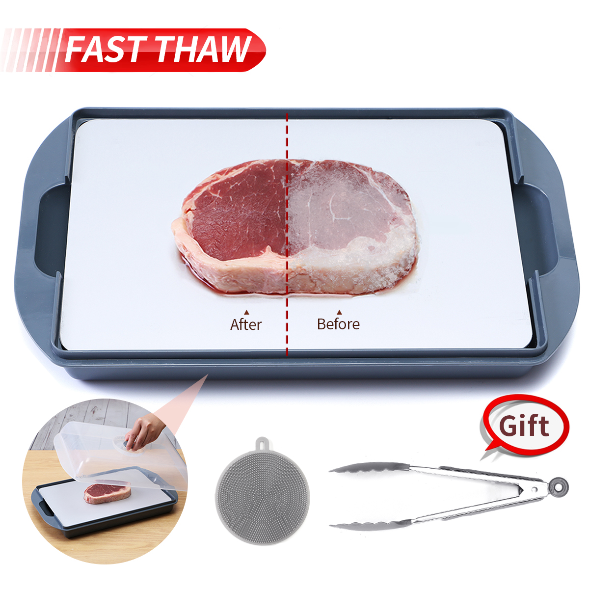 Defrost Board with Drip Tray, Thawing Frozen Meat Defrosting Plate