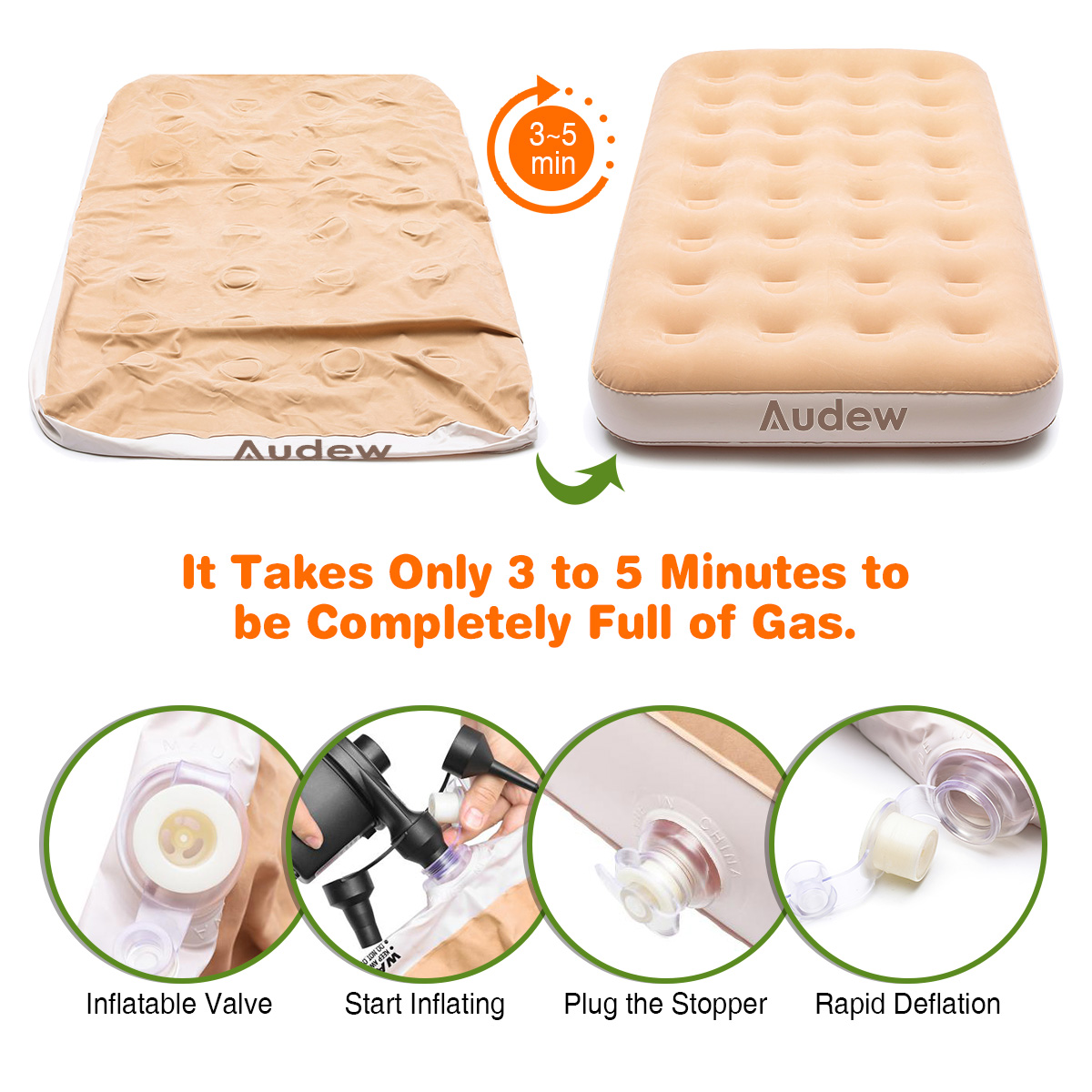 Audew Airbed Single Air Mattress with Electric Pump DC&AC 190x97x23cm, Car Sofa Bed, Cushions, Family and Camping with Storage Bag, Champagne