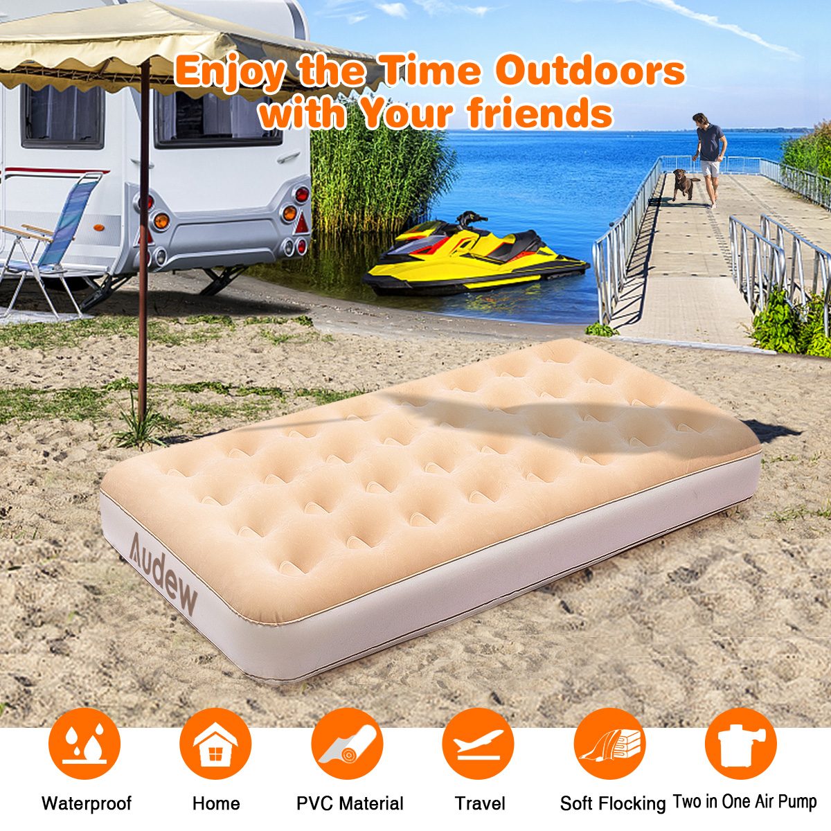 Audew Airbed Single Air Mattress with Electric Pump DC&AC 190x97x23cm, Car Sofa Bed, Cushions, Family and Camping with Storage Bag, Champagne