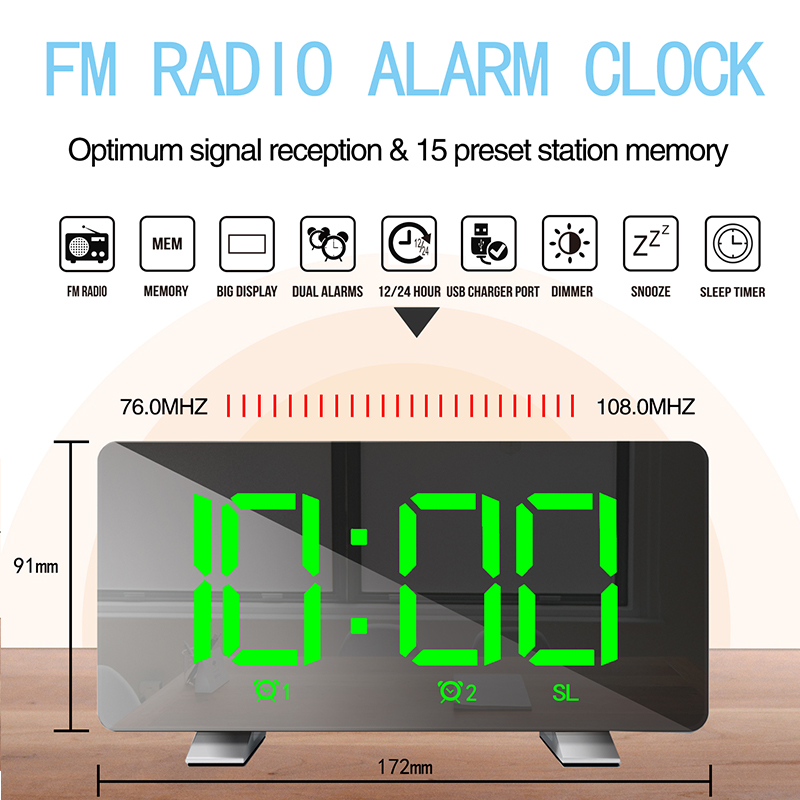 TEMPSA LED Radio Réveil Radio FM Avec Double Alarmes Horloge Numérique