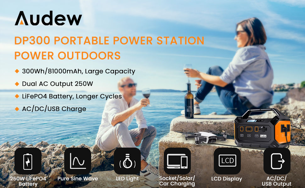 Audew 81000mAh 300Wh Solar Generator Power Station with 110V/250W Pure Sine Wave AC/DC/QC 3.0 (Model: DP300)  Audew 81000mAh 300Wh Solar Generator Power Station with 110V/250W Pure Sine Wave AC/DC/QC 3.0 (Model: DP300)