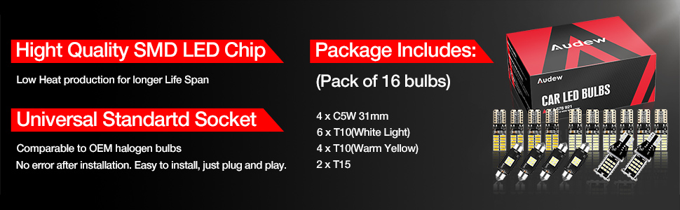 AUDEW 16PCs 194 Led Bulbs 168 T10 T15 921 912 Light bulbs 6500K Super Bright Chipset LED Bulbs For Interior Lights License Plate Dome Map backup light bulbs truck Light C5W DE3175  AUDEW 16PCs 194 Led Bulbs 168 T10 T15 921 912 Light bulbs 6500K Super Bright Chipset LED Bulbs For Interior Lights License Plate Dome Map backup light bulbs truck Light C5W DE3175