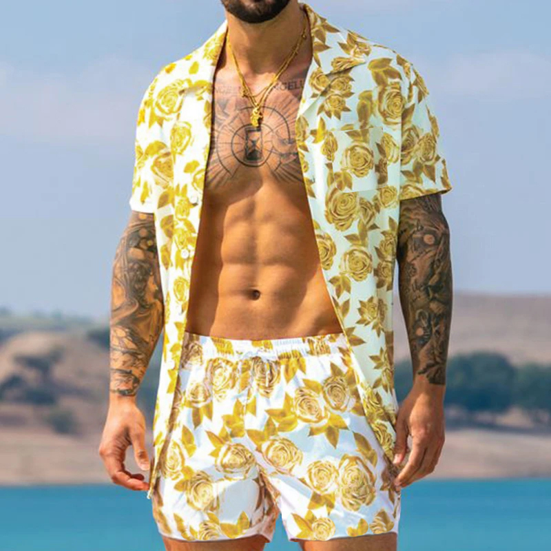 ZSNB 2021 Fashion 3D Print Men Outfits Summer Short Sleeve Shorts Set Casual Loose Beach Walk Suit Sports Fitness Suit