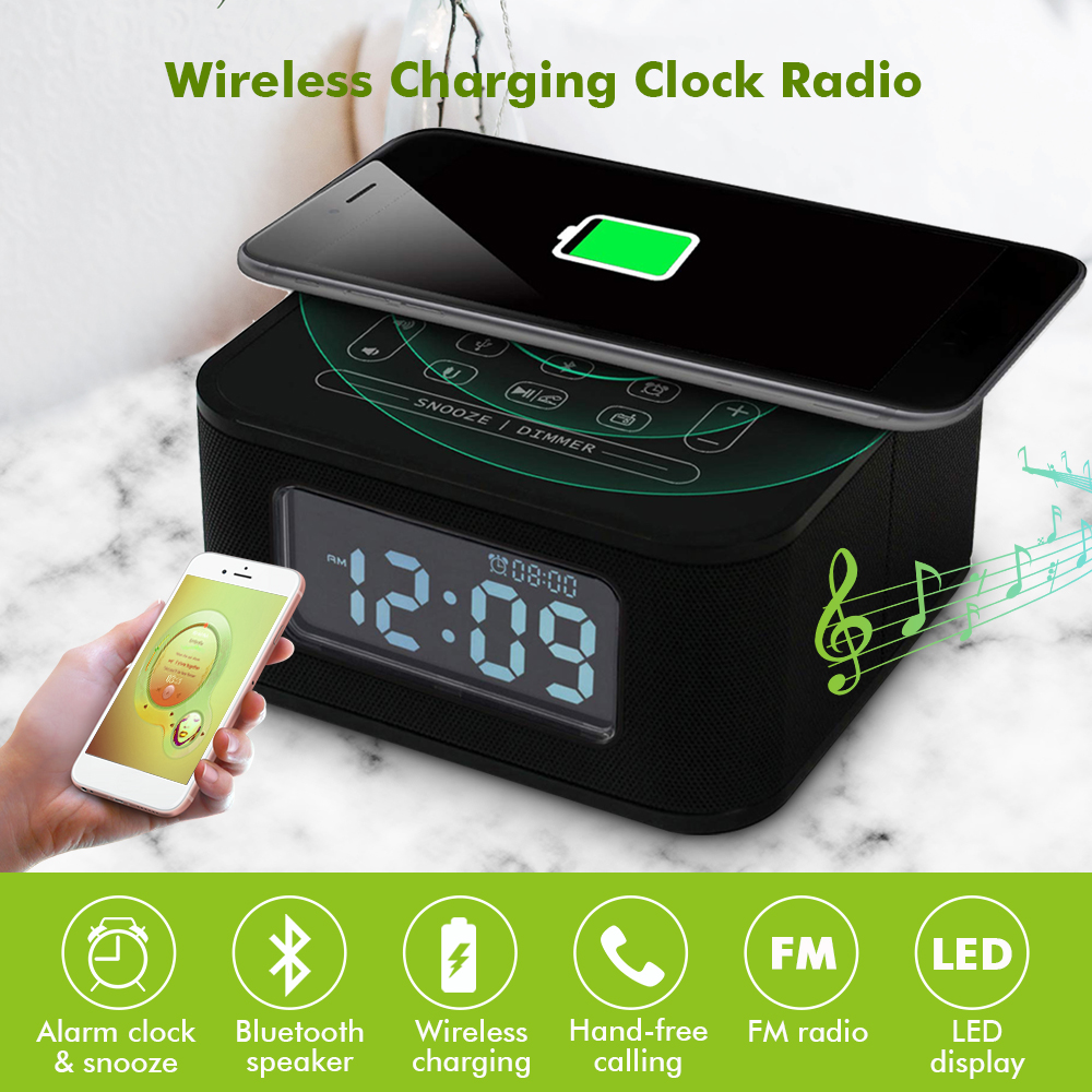 Radio-Réveil SunshineFace Avec Chargeur Sans Fil 15W, Bluetooth, FM, Bruit Blanc, LEDs - Haut-parleur Multifonction