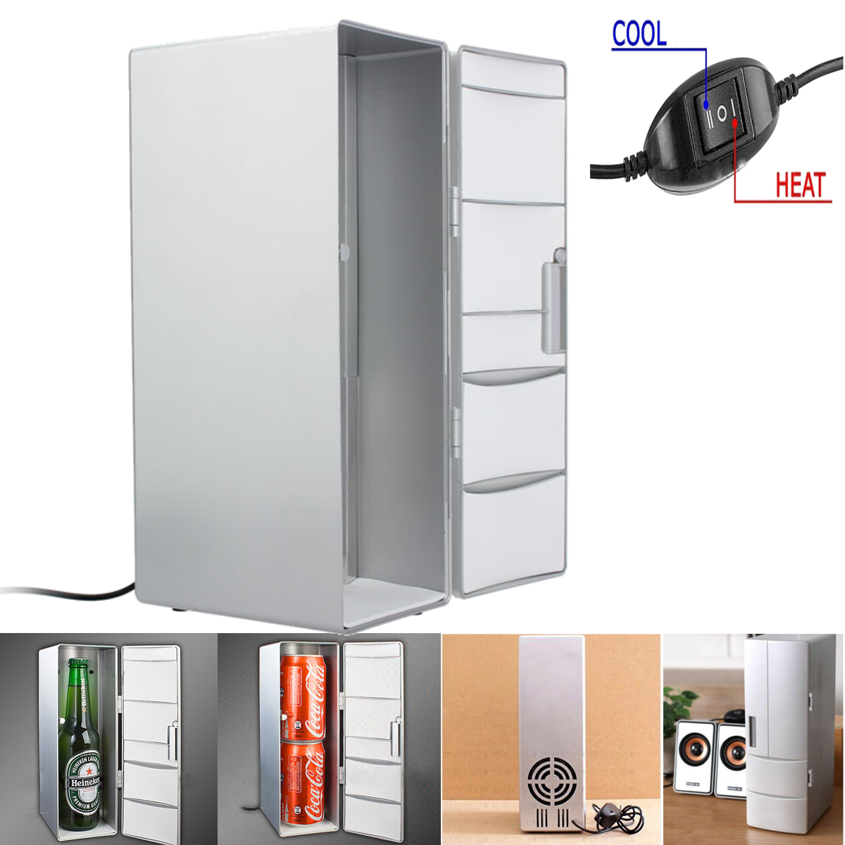 USB Portable Mini Cooling And Heating Fridge Silver Refrigerator Frig