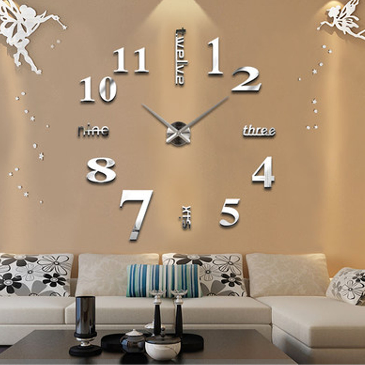 Sn _ Qa _ DIY 3D Grand Numéro Miroir Horloge Murale Métal Sticker Décor Maiso