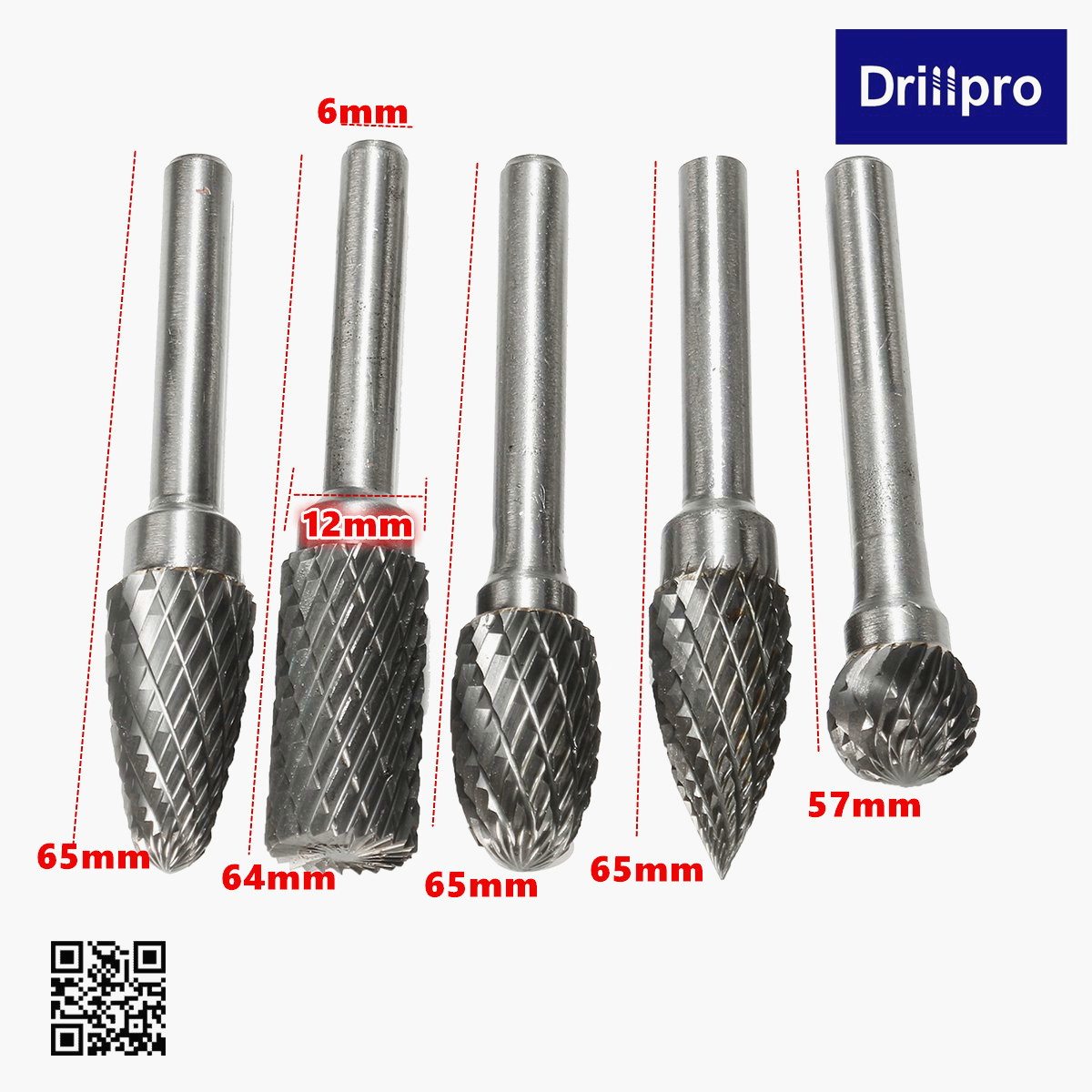 5Pcs 12MM Head Tungsten Carbide Rotary Point Burr Die Grinder 6mm Shank