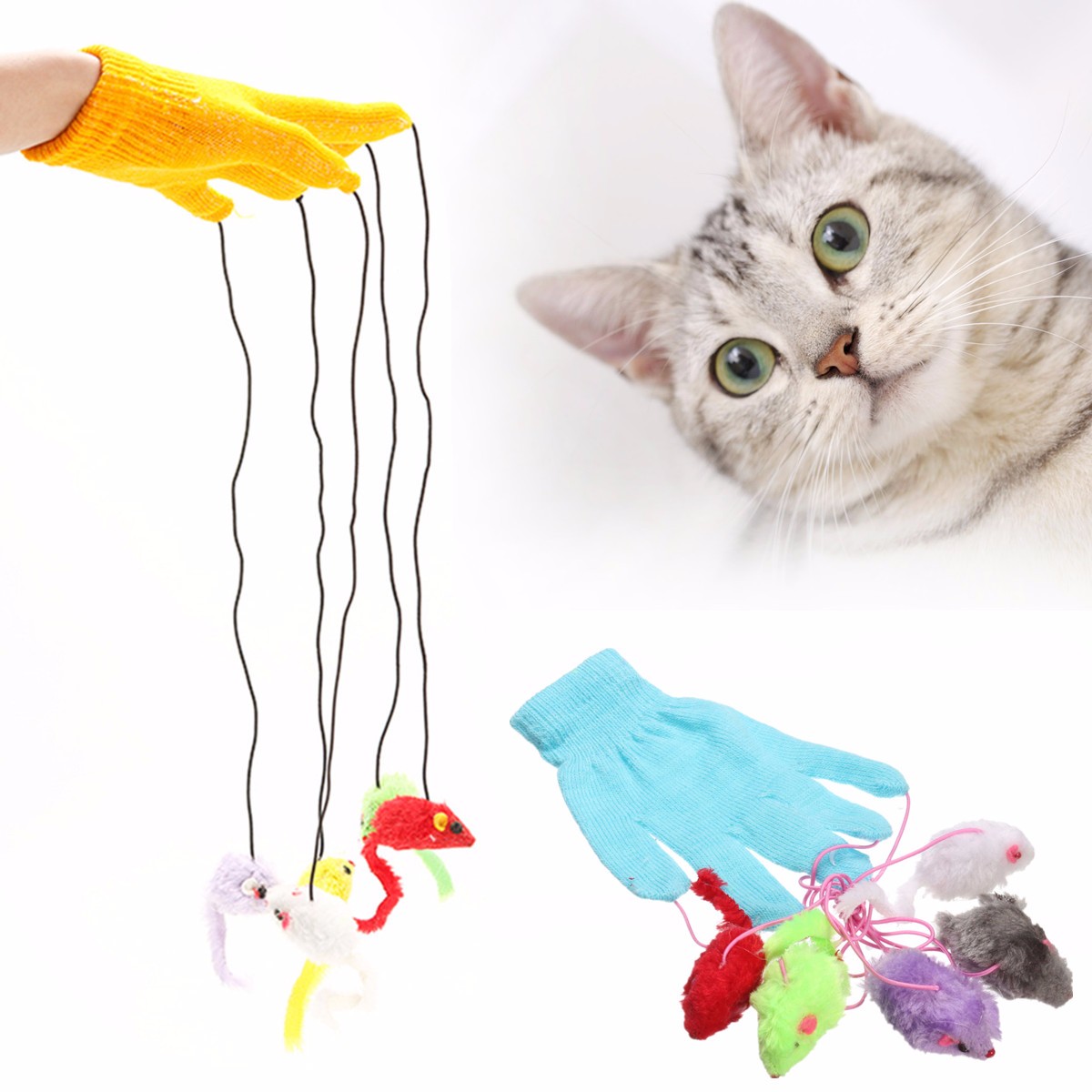 New Cat Kitten Play & Scratch Glove Mitt With Mouse Mice Trick Fun