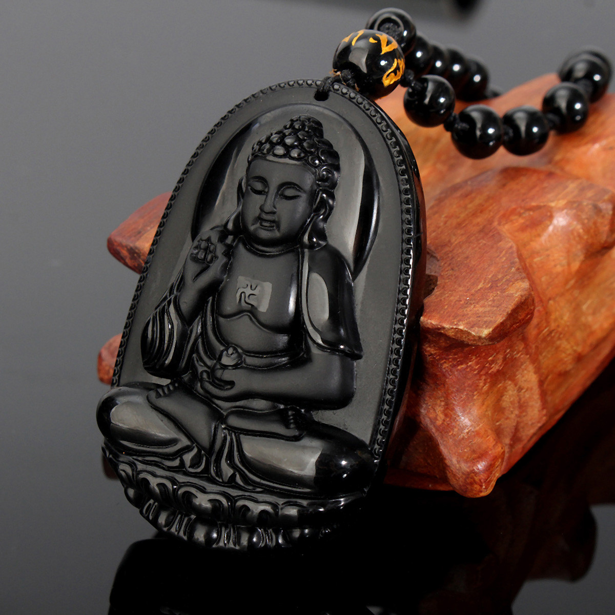 Pendentif Bouddha Guanyin En Obsidienne Noire Avec Chaîne - Bijou Pierre Gemme - Neuf Sans Emballage