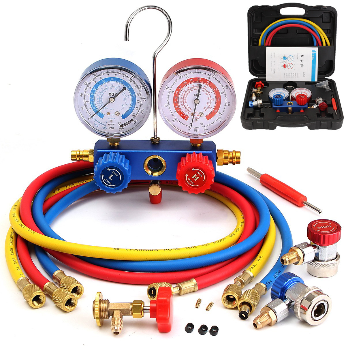 HVAC A\/C Refrigeration Kit Manifold Gauge Set R22 R12 R134A Auto