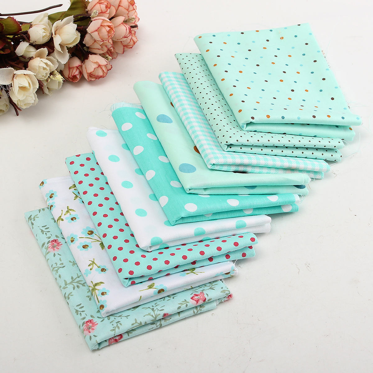 9pcs Dot Grid Cotton Cloth Fabric Floral DIY Sewing Quilt Dresses ...